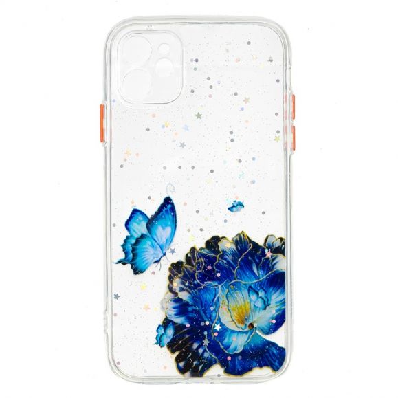 Coque iPhone 11 transparent fleurs et papillons bleus