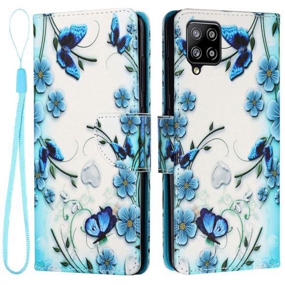 Housse Samsung Galaxy A22 4G fleurs bleues et papillons