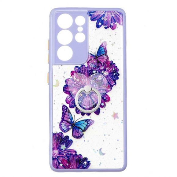 Coque Samsung Galaxy S21 Ultra 5G fleurs et papillons violets avec anneau