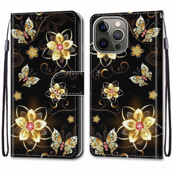 Housse iPhone 13 Pro Papillons et fleurs dorées