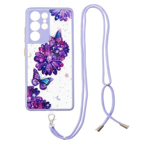 Coque à cordon Samsung Galaxy S21 Ultra 5G fleurs et papillons violets