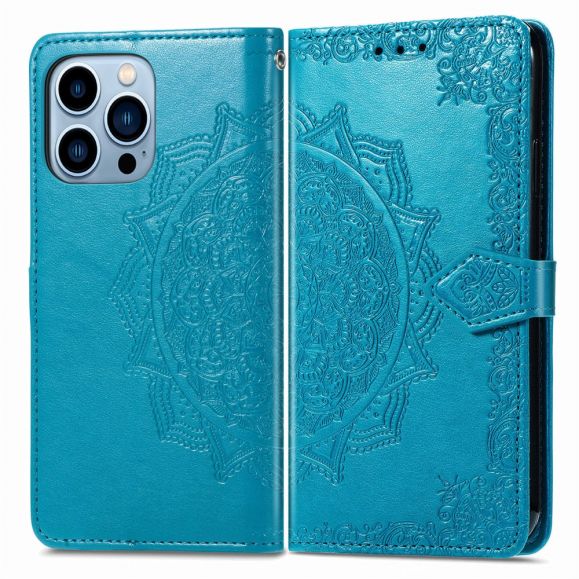 Housse iPhone 13 Pro Mandala relief en simili cuir