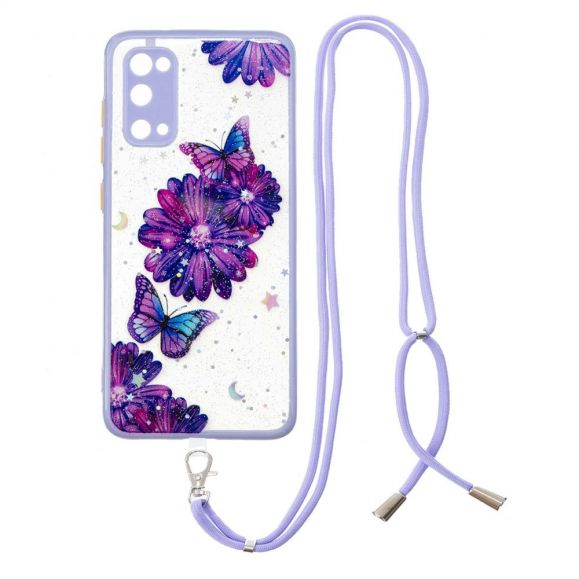 Coque Samsung Galaxy S20 FE à cordon fleurs et papillons violets