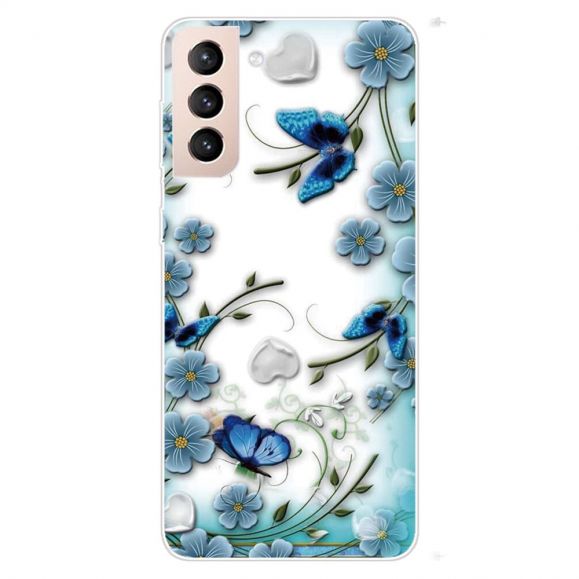 Coque Samsung Galaxy S22 5G papillons et fleurs bleus