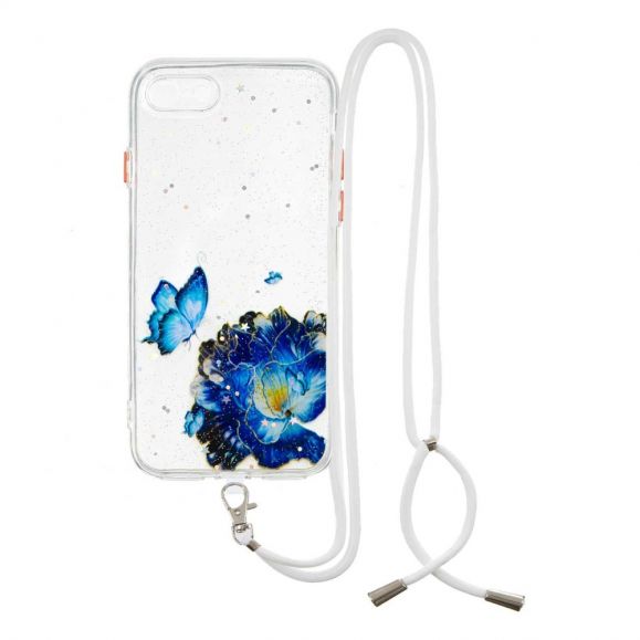 Coque iPhone SE 2022 / 2020 à cordon fleurs et papillons bleus