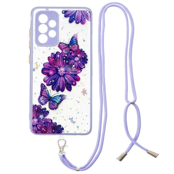 Coque Samsung Galaxy A53 5G à cordon fleurs et papillons violets