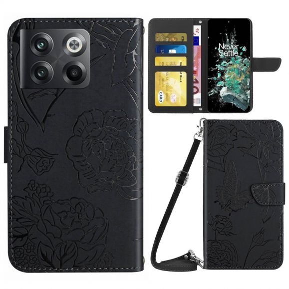 Housse OnePlus 10T 5G Illustration Papillon et Fleurs à Sangle