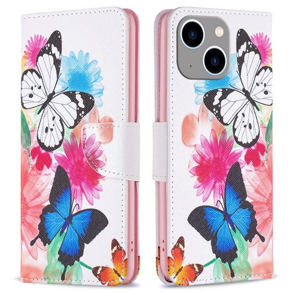 Housse iPhone 14 Plus papillons et fleurs colorées