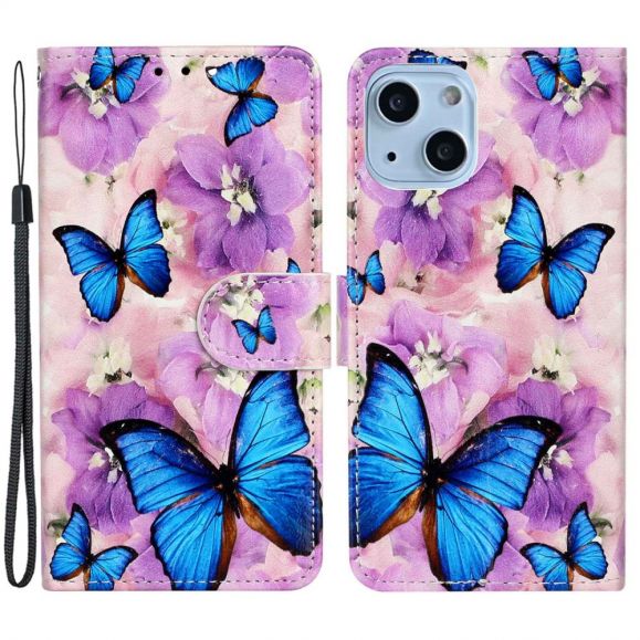 Housse iPhone 14 Papillons bleus et fleurs