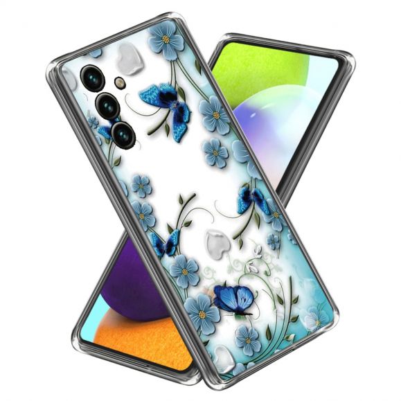 Coque Samsung Galaxy A54 5G papillons et fleurs bleus