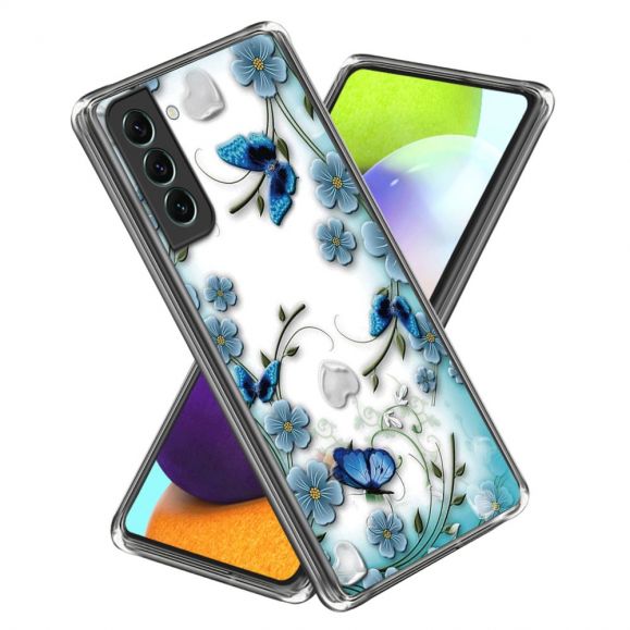 Samsung Galaxy S24 - Coque papillons et fleurs bleus