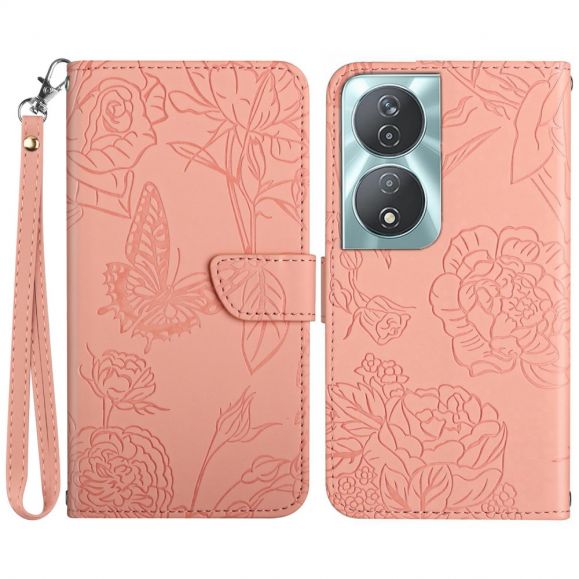 Housse Honor 90 Smart Illustration Papillon et Fleurs à Lanière