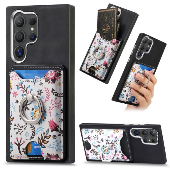 Coque Samsung Galaxy S24 Ultra porte-cartes à fleurs avec support anneau