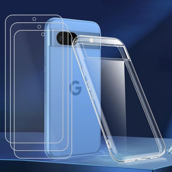 Coque transparente Google Pixel 8a avec 3 films en verre trempé