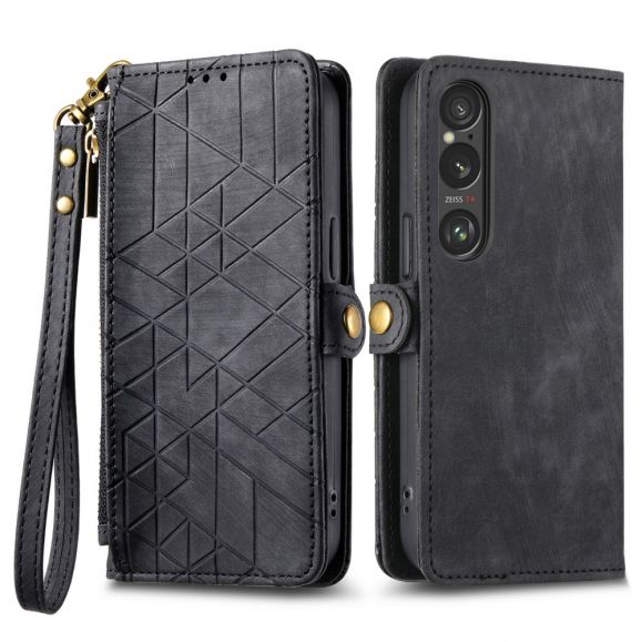 Housse Sony Xperia 1 VI en cuir avec motif géométrique et fermeture éclair