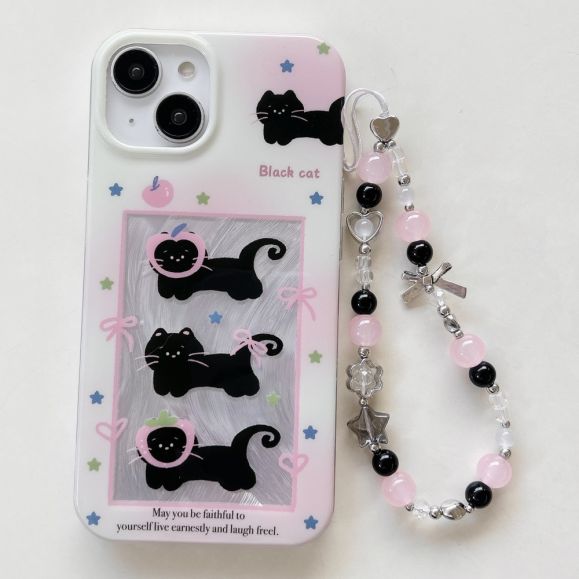 Coque iPhone 15 Chat Noir avec Bracelet Perlé