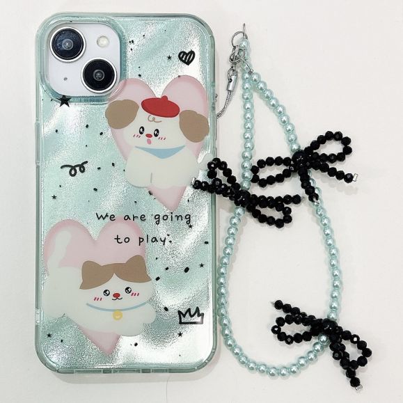 Coque iPhone 15 Love Pets avec Chaîne Perlée