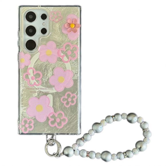 Coque Samsung Galaxy S24 Ultra Design Floral Rose avec Bracelet Perlé